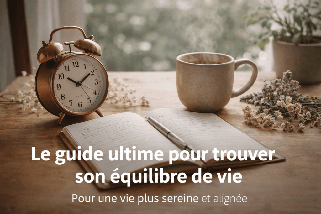 Carnet de planification, café et réveil sur une table en bois représentant l’organisation et l’équilibre de vie au quotidien.